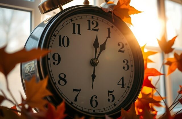 A serene evening landscape showing a sunset with clocks in the foreground, symbolizing the change in time during Daylight Sav