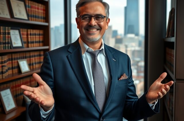 A professional portrait of Lawrence Tanter, showcasing his thoughtful demeanor, set in a modern office environment with inspi