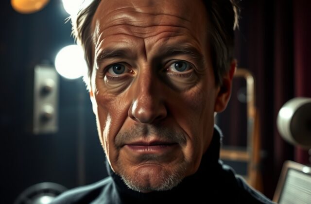 A portrait of Tim McMullan on stage, showcasing his expressive performance style, with dramatic lighting highlighting his fea