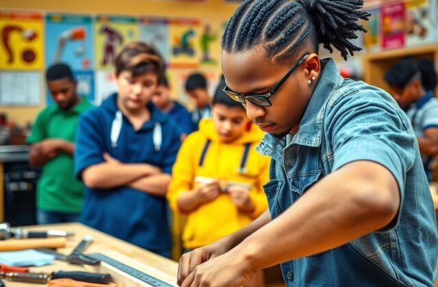 An engaging image depicting a diverse group of students in a vocational training classroom, actively participating in hands-o
