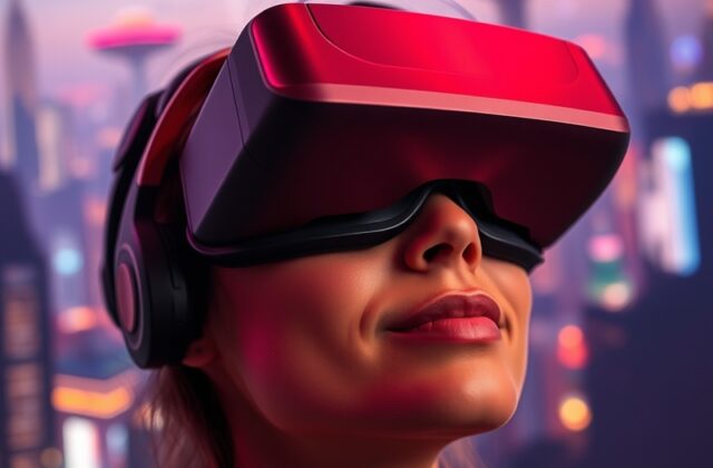 A visually striking image of a person wearing VR glasses, fully immersed in a virtual world, showcasing vibrant graphics and