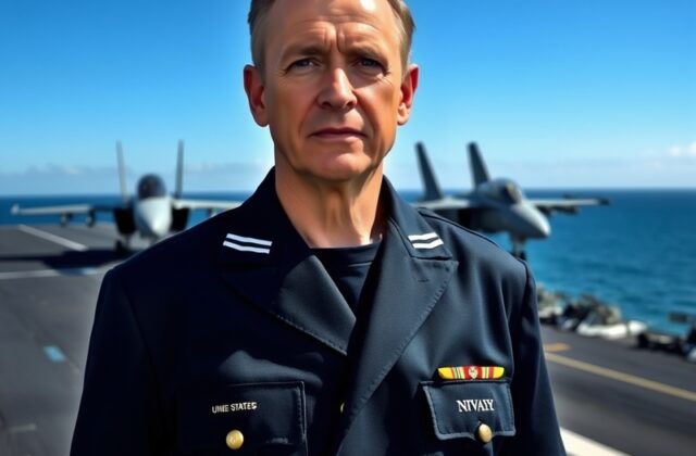 A portrait of the current U.S. Secretary of the Navy in an office setting, surrounded by naval memorabilia and flags, project