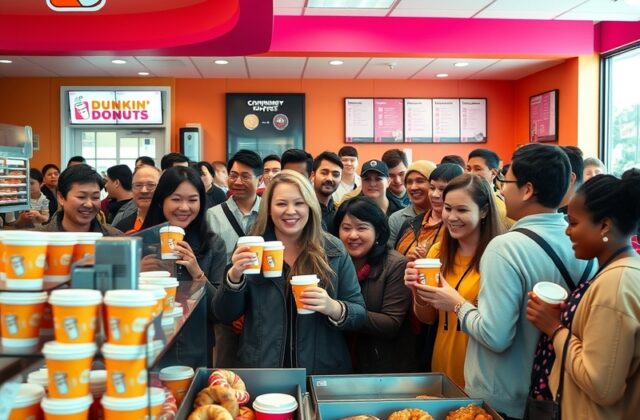 A vibrant image of a steaming cup of Dunkin' coffee on a table, surrounded by Dunkin' donuts, showcasing the inviting atmosph