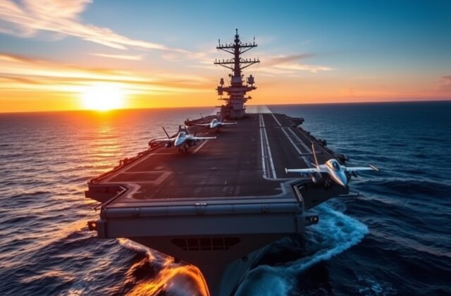 An aerial view of the USS Abraham Lincoln at sea, showcasing its impressive size and array of aircraft on deck, with a clear