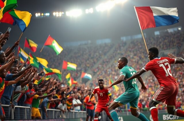 A vibrant football stadium filled with excited fans, flags waving, capturing the energy of a live match between DR Congo and