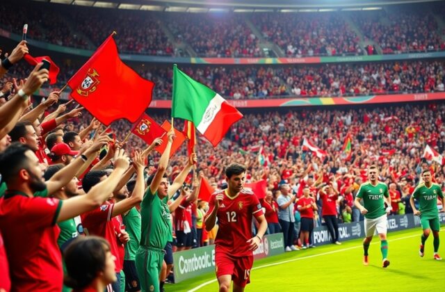 An action-packed football match between Portugal and Wales, showcasing players in their national kits, with fans cheering in