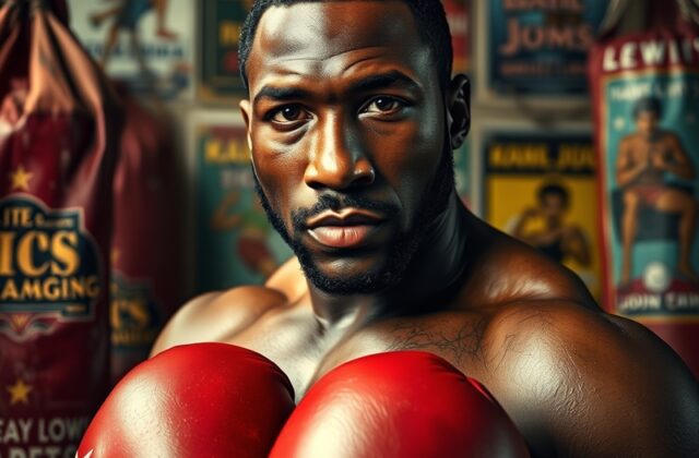 An action shot of Lennox Lewis in the boxing ring, showcasing his powerful stance and focus, with a cheering crowd in the bac