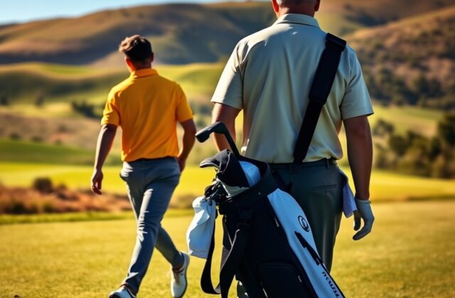 A dynamic image featuring Alejandro Tosti on the golf course, showcasing his focus and determination, with a blurred backgrou