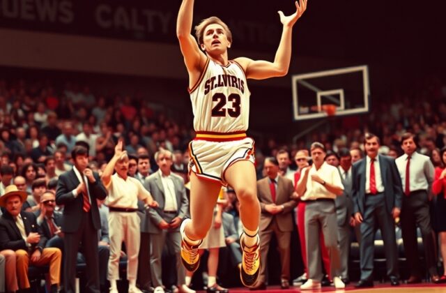 An action shot of Bob Pettit playing basketball, showcasing his scoring technique and athleticism during his prime years.