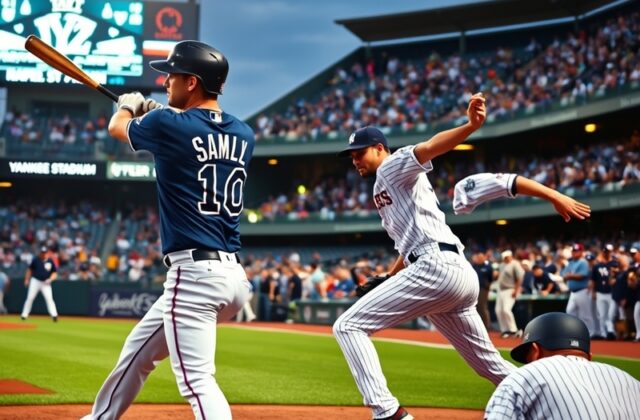 A dynamic baseball scene featuring players from the Rays and Yankees in action, highlighting their competitive spirit and the