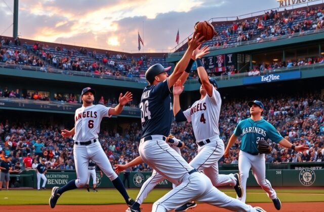 A vibrant image showcasing a packed baseball stadium during an Angels vs Mariners game, with fans cheering and players in act