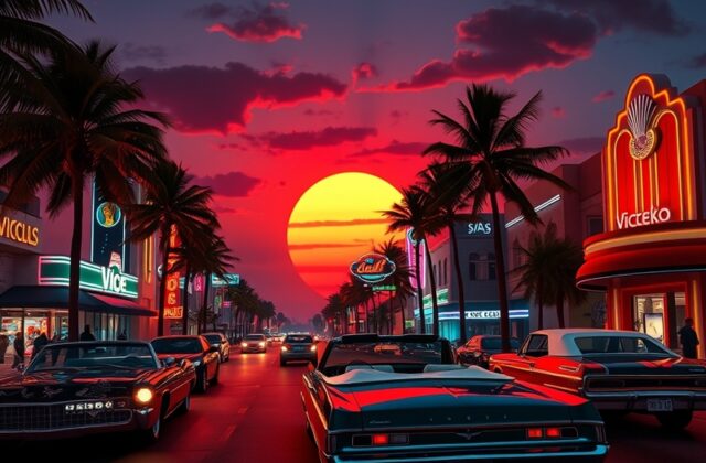 A vibrant depiction of Vice City at night, showcasing neon lights, palm trees, and a bustling urban environment, capturing th