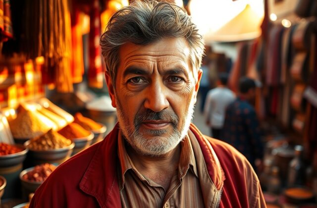 A portrait of Saied Abu Farchi, showcasing his thoughtful expression against a backdrop of cultural symbols, reflecting his h