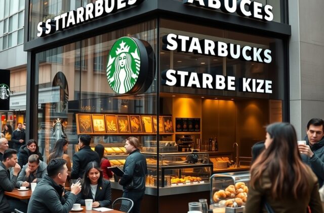 A vibrant Starbucks location in a bustling city, showcasing unique local architecture, diverse customers enjoying coffee, and