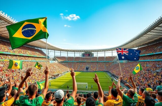An action shot of a Brazil vs Australia football match, showcasing players in vibrant jerseys battling for the ball, with fan