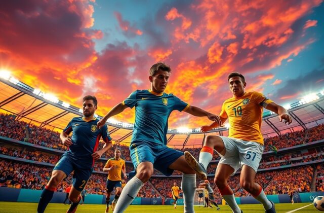 An action shot from a soccer match between Australia and Brazil, capturing players in motion, the intensity of the game, and