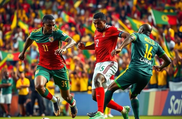A dynamic image showcasing both teams in action during a football match, with players displaying intense focus and competitiv