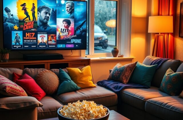 A cozy living room setting with a large TV displaying a movie scene, popcorn on the coffee table, and a warm ambiance, inviti