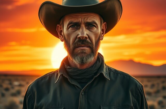 A scenic view of the Wild West landscape from Red Dead Redemption 2, showcasing rolling hills, a sunset, and a lone cowboy si