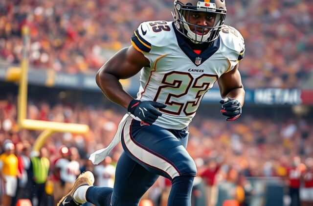 An action shot of Chris Johnson Jr. in full stride during a game, showcasing his speed and agility on the football field, wit