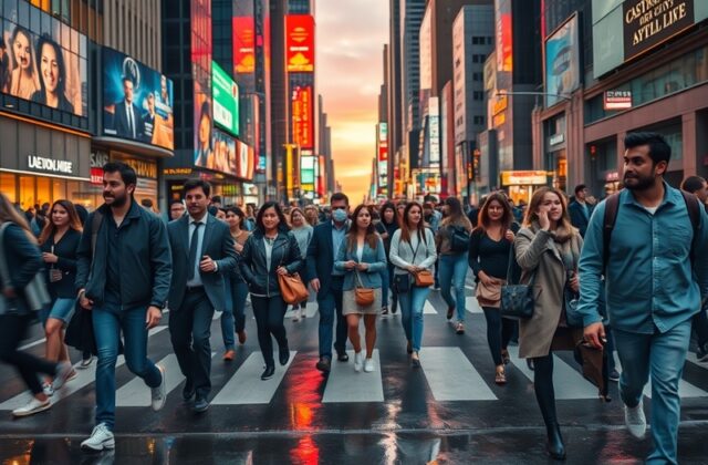 A bustling city street scene with diverse pedestrians walking, showcasing vibrant urban life, shops, and pedestrian-friendly