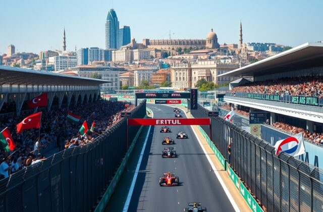 A vibrant street view of Baku during the Azerbaijan Grand Prix, showcasing the historic architecture and enthusiastic crowd.