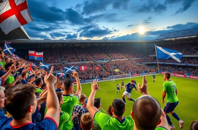A vibrant scene of Slovenia and Scotland football fans in the stadium, showcasing colorful jerseys, flags, and passionate exp