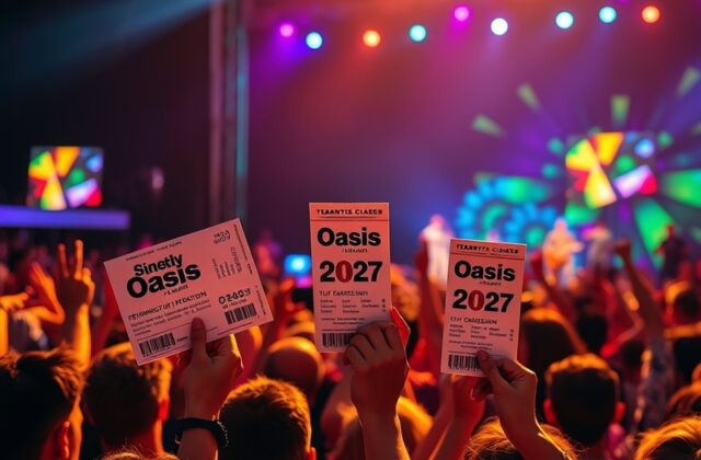 A vibrant concert scene with fans cheering, holding up signs for the Oasis 2027 tour, capturing the excitement and energy of