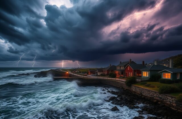A dramatic image of a thunderstorm rolling in over a coastal town, highlighting dark clouds and flashes of lightning in the s