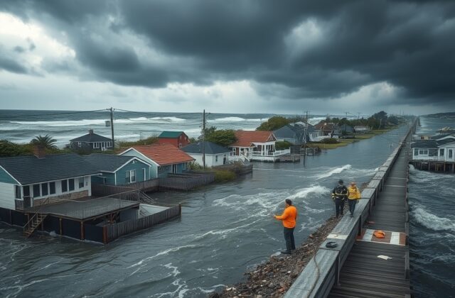 An aerial view of a coastal city affected by flooding, showcasing submerged buildings, stormy skies, and rescue efforts.