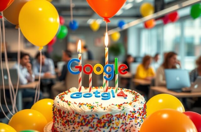 A vibrant illustration of a birthday celebration with Google-themed decorations, featuring a cake with the Google logo and ba