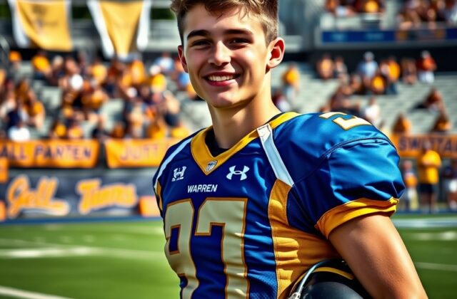 An action shot of Davis Warren in a Michigan Wolverines uniform, poised to throw a pass during a game, showcasing determinati