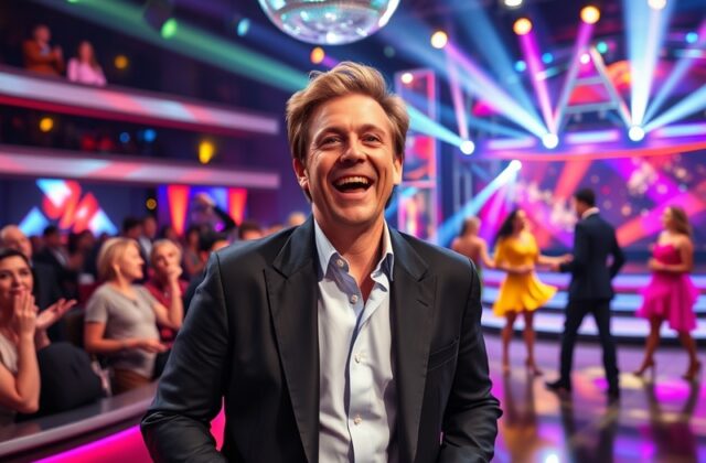 A vibrant image of Josh Widdicombe on stage, smiling and engaging with the audience, showcasing his comedic charm and energy.