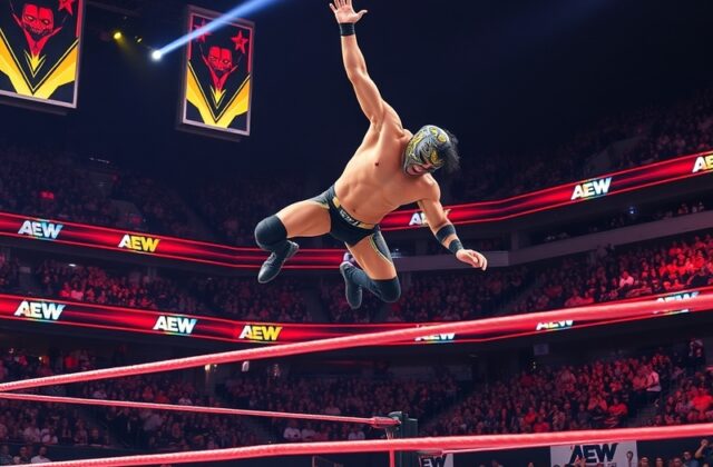 A vibrant wrestling arena filled with enthusiastic fans, featuring AEW wrestlers in action during a high-stakes match, captur