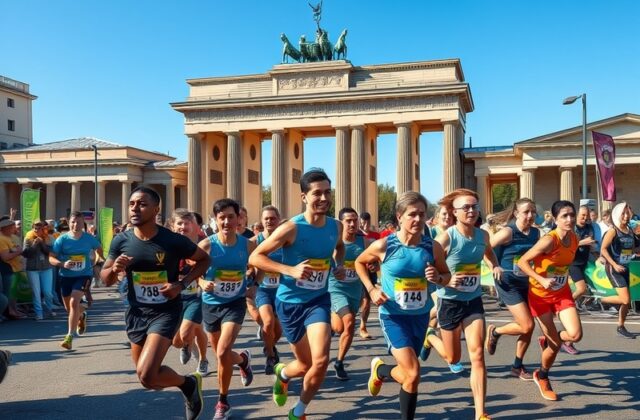 A vibrant scene of runners in the Berlin Marathon, with iconic landmarks like the Brandenburg Gate in the background, showcas