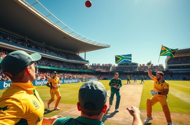 A dynamic scene from a cricket match between Australia and South Africa, showcasing players in action with a packed stadium b