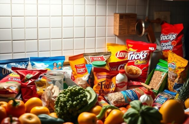 An image depicting a variety of ultra-processed foods like snacks and sugary drinks, contrasted with fresh fruits and vegetab