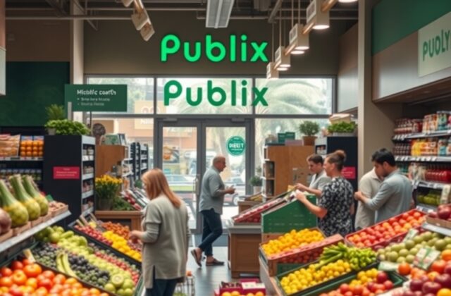A vibrant Publix store exterior with shoppers entering, showcasing the brand's logo and a sunny day, reflecting a welcoming a