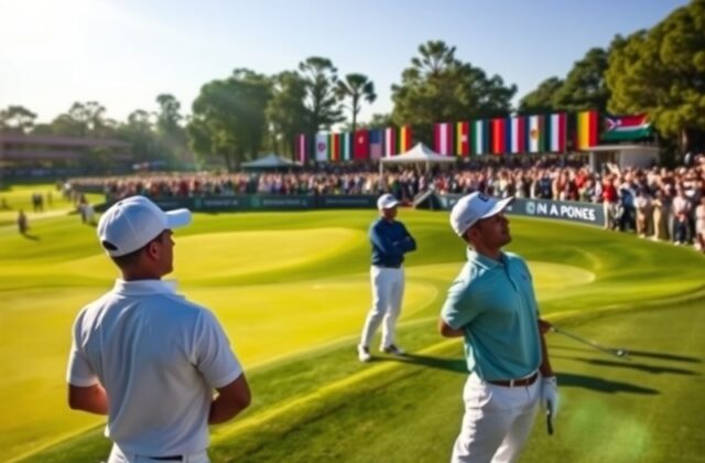 A vibrant scene from the Presidents Cup, showcasing players teeing off against a backdrop of enthusiastic fans and lush green