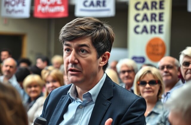 A thoughtful image of Andy Burnham speaking at a public event about social care reform, with a diverse audience engaged in di