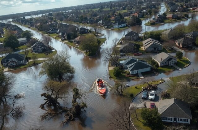 Aerial view of a flooded urban area, showcasing submerged buildings, streets, and rescue operations, with a dramatic sky over