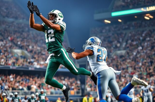 An action shot of Jets and Lions players on the field, showcasing intense gameplay, with fans in the background cheering pass