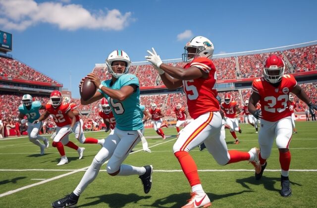 An action-packed image of Dolphins and Chiefs players competing on the field, showcasing intensity and team spirit.