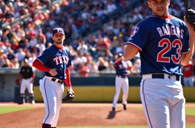 A vibrant baseball stadium scene showcasing the Texas Rangers and Minnesota Twins players in action, with fans cheering in th