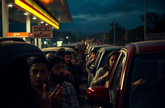 An image depicting a fuel station with limited diesel availability, showing vehicles waiting in line, with a sign indicating