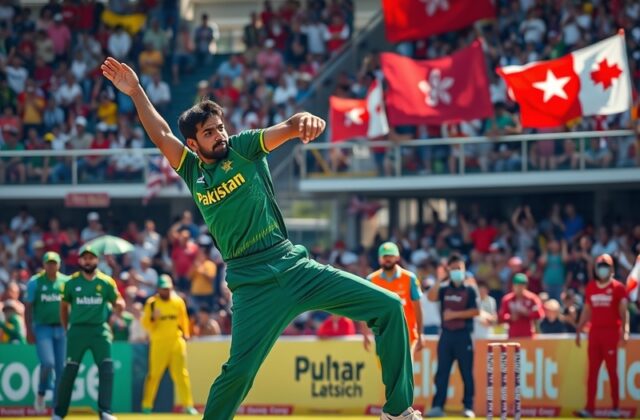 A vibrant cricket match scene showing players from Pakistan and Hong Kong in action, with a packed stadium and enthusiastic f