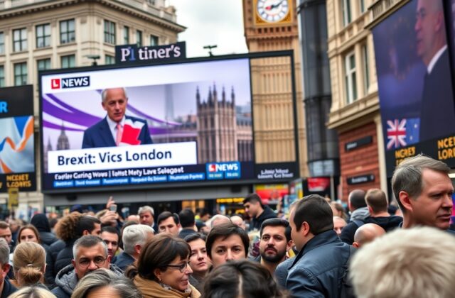 A collage of images depicting Brexit-related themes, including the UK flag, a trade negotiation table, and public protests.