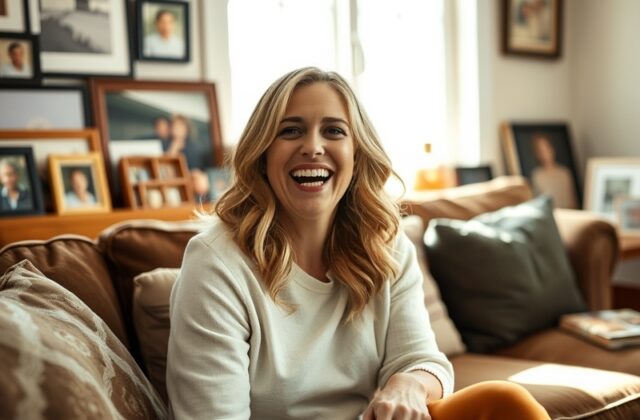 A candid image of Kelly Stafford smiling while spending time with her children outdoors, capturing the warmth of family life.