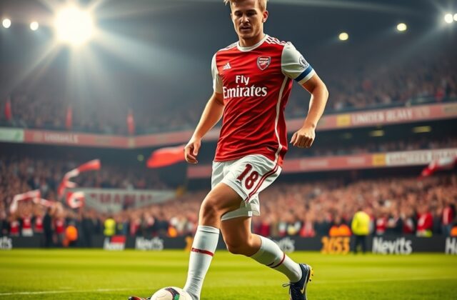 A dynamic image of Erling Haaland in action, showcasing his goal-scoring prowess, with an Arsenal backdrop to illustrate the