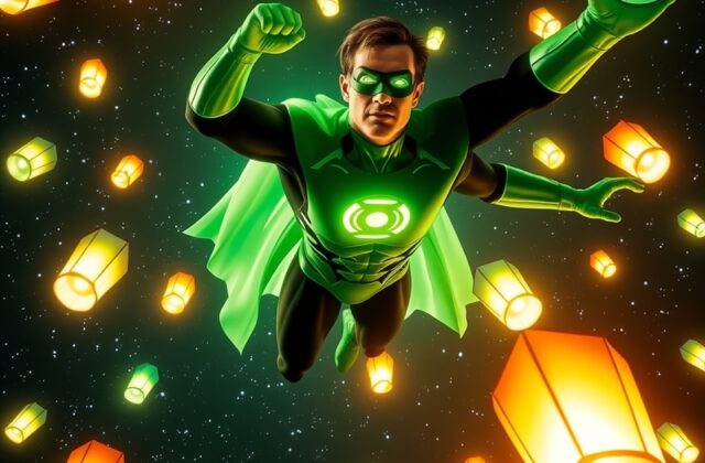 An illustration of Hal Jordan as Green Lantern, showcasing his power ring and a vibrant green aura, set against a cosmic back